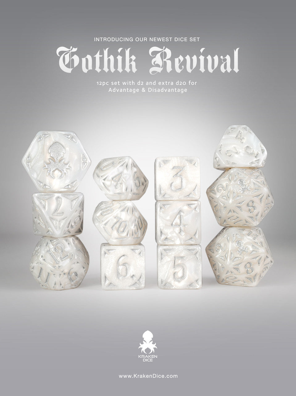 White Gothik Revival  RPG 12pc Dice Set